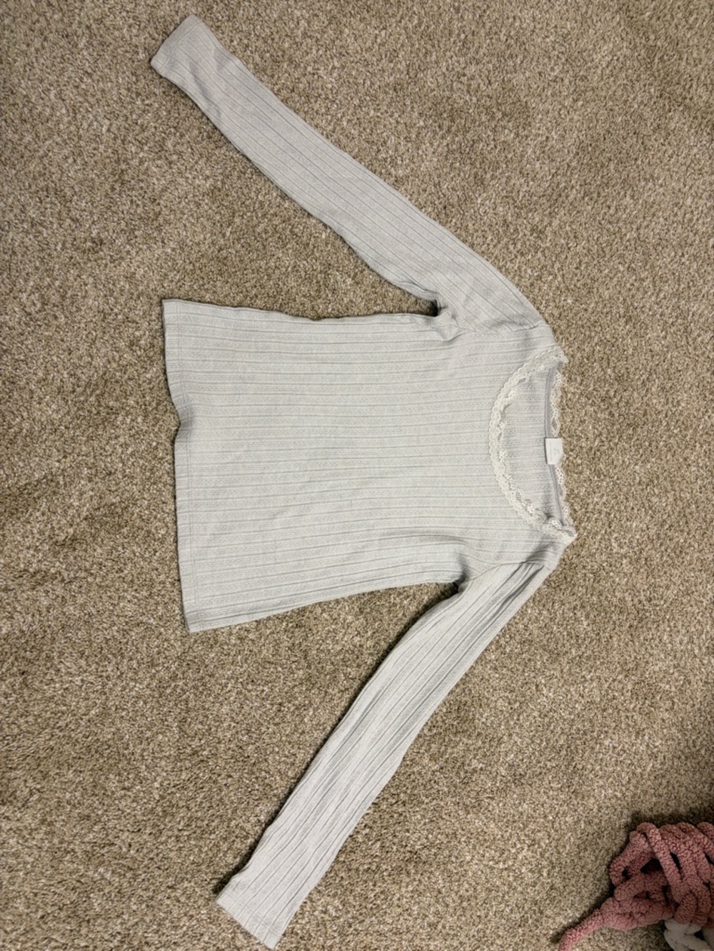 abercrombie kids Light Gray Ribbed Long Sleeve Tee with Lace Trim